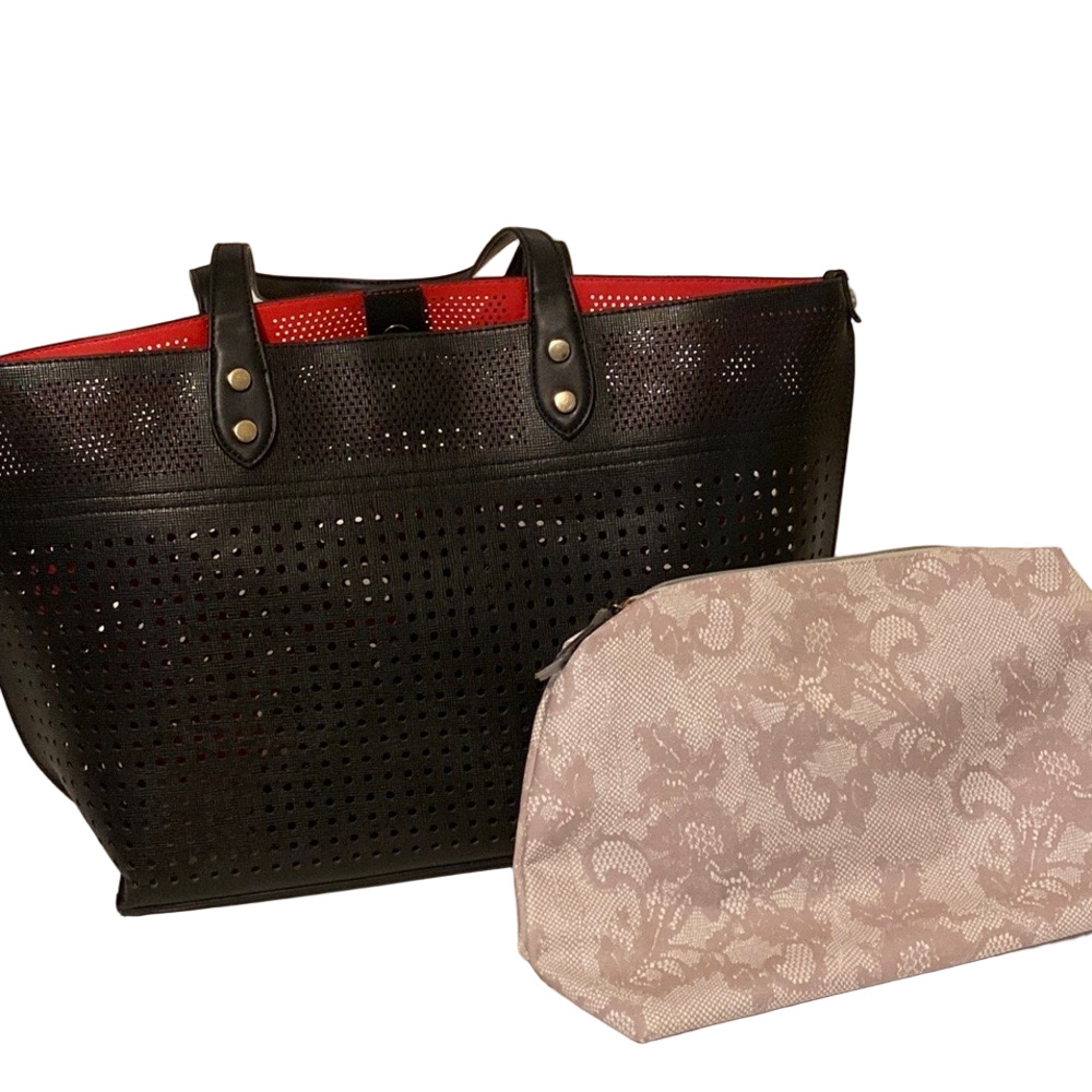 New. Tote Bag with matching pouch. Perforated pattern, snap close, black.